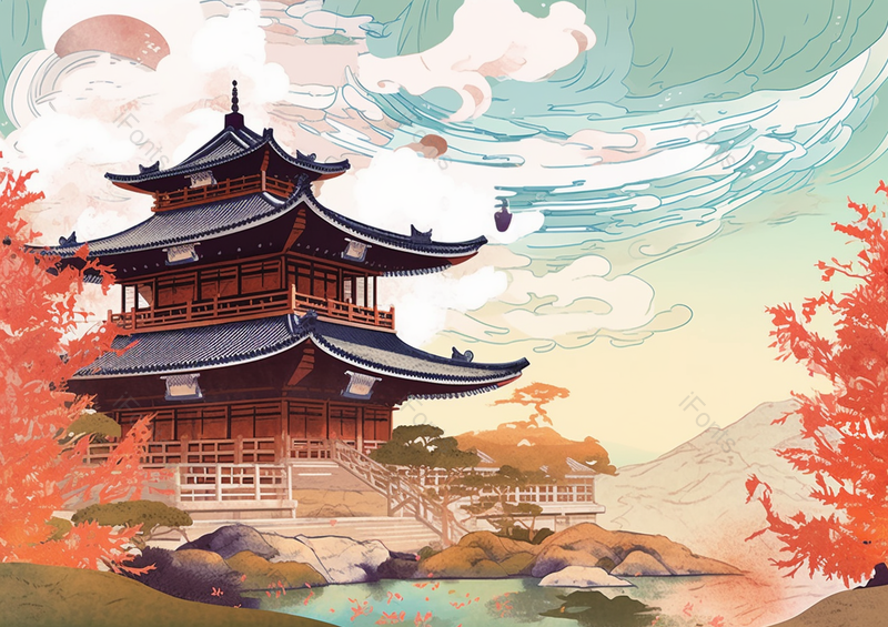 中国风国潮新中式秋季时节天空白云古风建筑树木枫树平静的小湖室外无人的场景背景插画,插画/手绘图,插画/手绘图库,插画/手绘图下载,插画/手绘